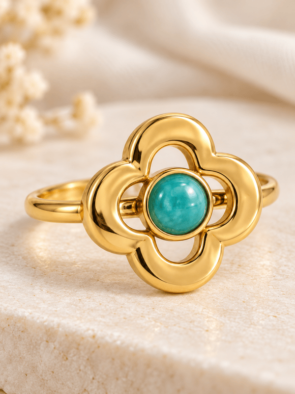 Retrobird Turquoise Stone Detailed Flower Design Adjustable Vintage Ring
