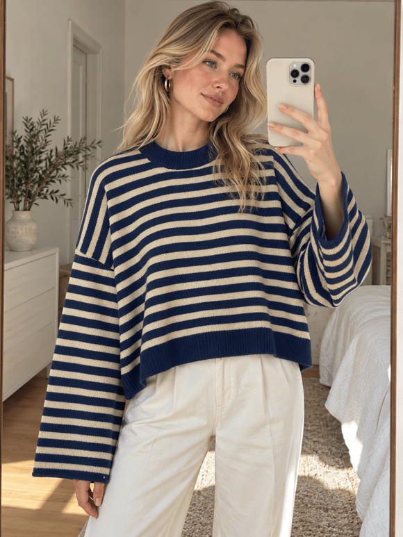 Retrobird Livia Oversize Çizgili Lacivert - Taş Triko Kazak