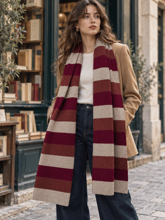 Retrobird Retro Çizgili Oversize Bordo Unisex Triko Atkı