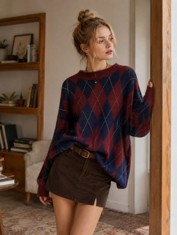 Retrobird Daphne Argyle Desenli Oversize Bordo - Lacivert Triko Kazak