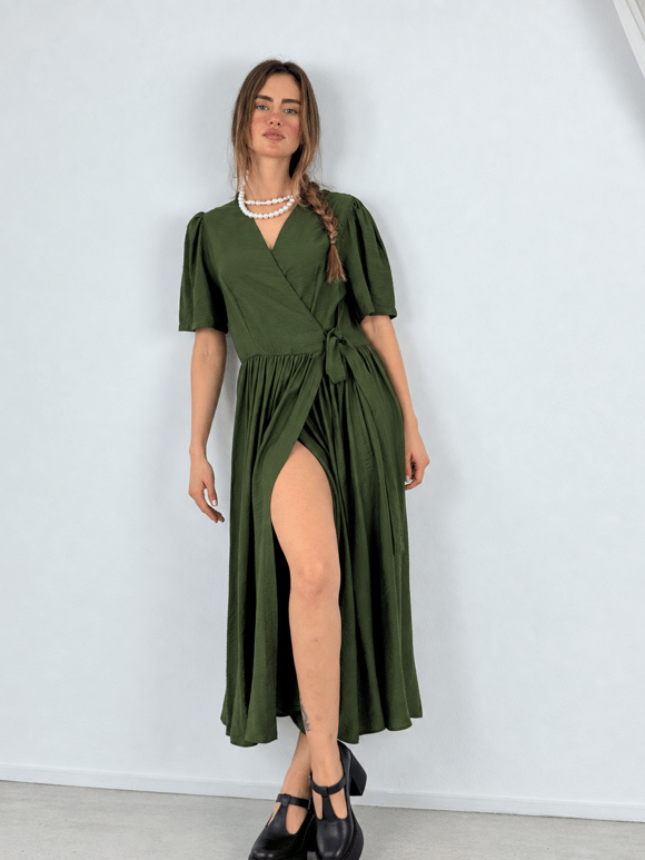 Retrobird Lady Belted Wrap Short Sleeve Green Dress