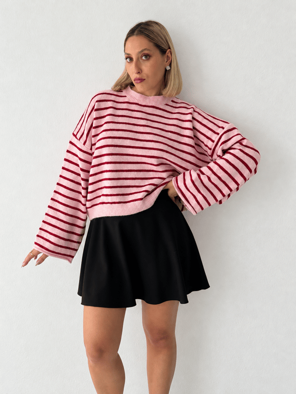 Retrobird Livia Oversize Çizgili Kırmızı - Pembe Triko Kazak