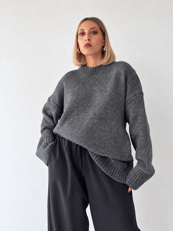 Retrobird Bess Oversize Bisiklet Yaka Koyu Gri Basic Triko Kazak