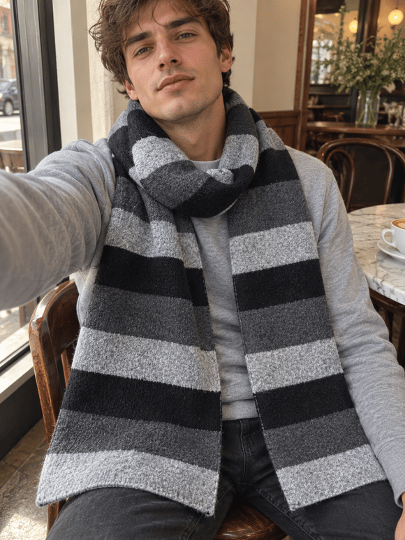 Retrobird Retro Çizgili Oversize Gri Unisex Triko Atkı