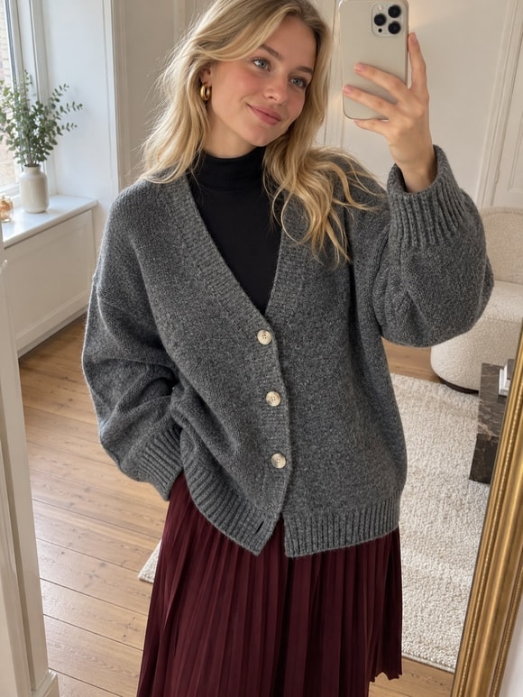 Retrobird Doris Oversize V Yaka Düğmeli Gri Triko Hırka