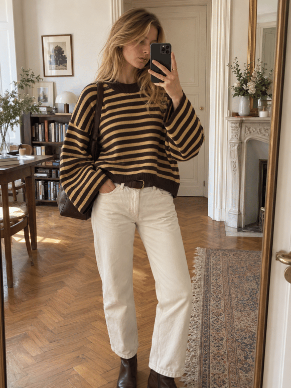 Retrobird Livia Oversize Çizgili Sarı - Kahve Triko Kazak