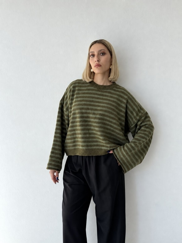 Retrobird Livia Oversize Çizgili Yeşil Triko Kazak
