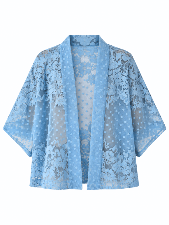Retrobird Tasarım Transparan Dantel Marin Mavi Boho Mini Kimono