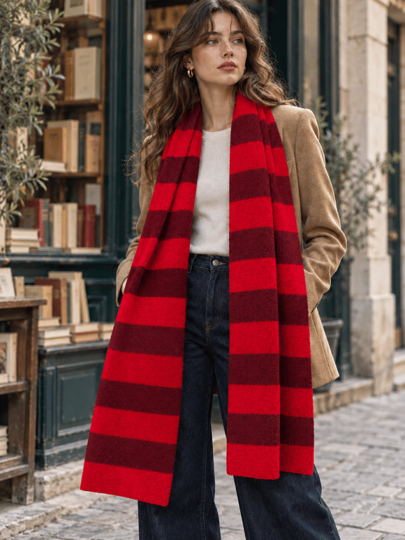 Retrobird Retro Çizgili Oversize Kırmızı Unisex Triko Atkı