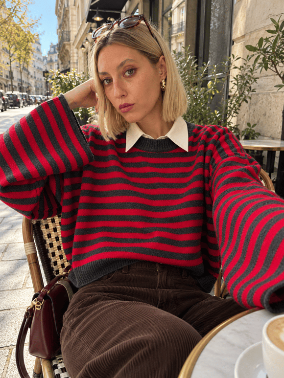 Retrobird Livia Oversize Siyah Çizgili Kırmızı Triko Kazak