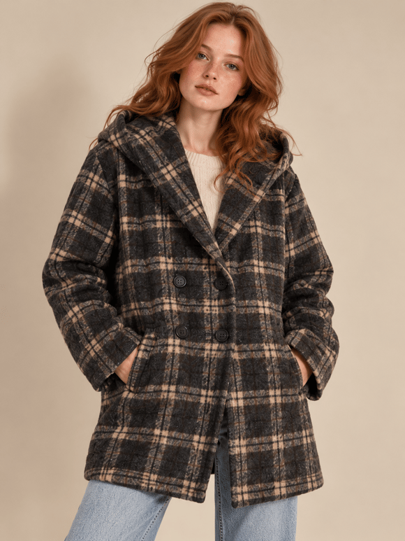 Retrobird Urban Retro Kahve Bej Ekose Kapüşonlu Oversize Ceket Kaban
