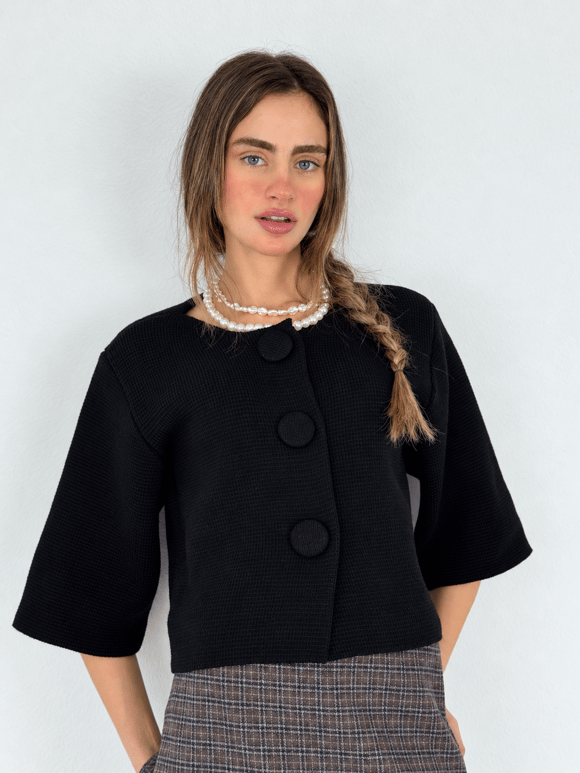 Retrobird Nellie Büyük Düğmeli Siyah Crop Triko Hırka