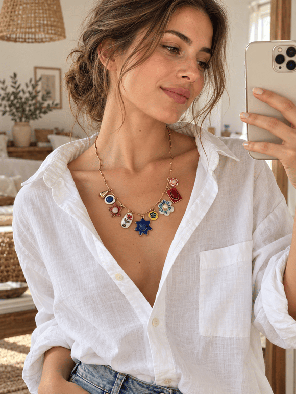 Retrobird Solana Renkli Figürlü Charm Detaylı Lacivert Kolye