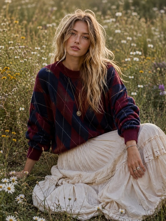 Retrobird Daphne Argyle Desenli Oversize Bordo - Lacivert Triko Kazak