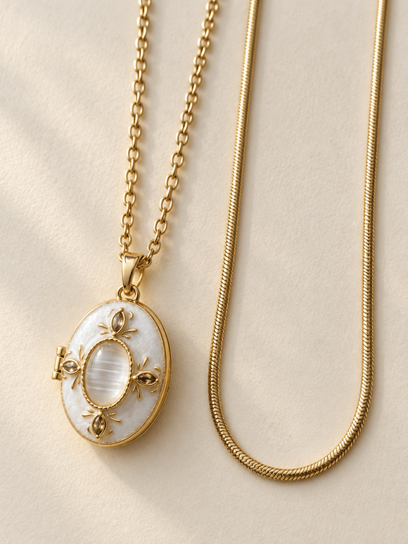 Retrobird Marlowe Ekru Oval Madalyonlu İkili Vintage Kolye Seti