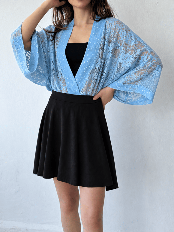 Retrobird Tasarım Transparan Dantel Marin Mavi Boho Mini Kimono