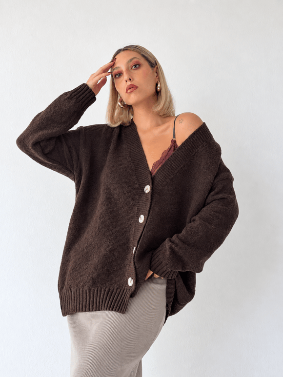 Retrobird Doris Oversize V Yaka Düğmeli Kahverengi Triko Hırka