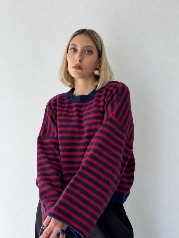 Retrobird Livia Oversize Çizgili Kırmızı - Lacivert Triko Kazak