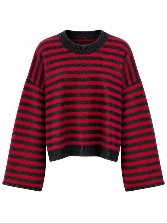Retrobird Livia Oversize Siyah Çizgili Kırmızı Triko Kazak