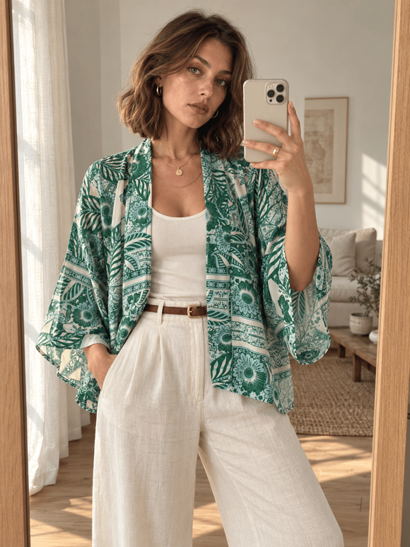 Retrobird Tasarım Su Yeşili Boho Mini Kimono