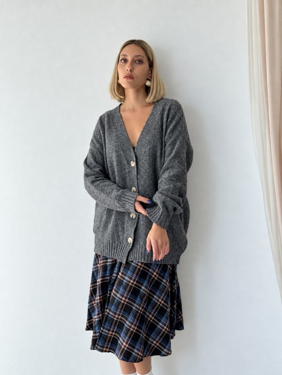 Retrobird Doris Oversize V Yaka Düğmeli Gri Triko Hırka