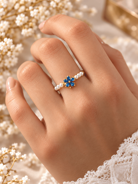 Retrobird Blue Flower Pearl Detailed Adjustable Vintage Ring