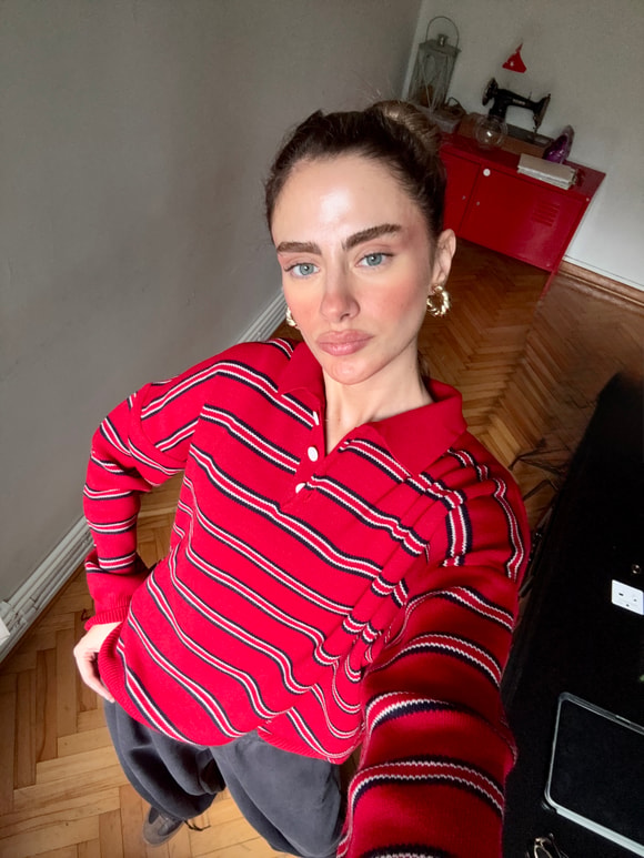 Retrobird Sadie Çizgili Oversize Polo Yaka Kırmızı Triko Kazak