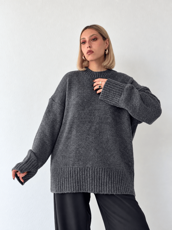 Retrobird Bess Oversize Bisiklet Yaka Koyu Gri Basic Triko Kazak