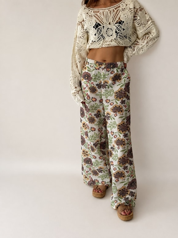 Retrobird Josie Retro Çiçek Desenli Geniş Paça Çok Renkli Pantolon