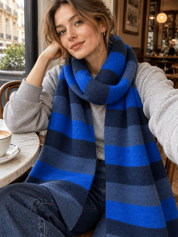 Retrobird Retro Çizgili Oversize Saks Mavi Unisex Triko Atkı