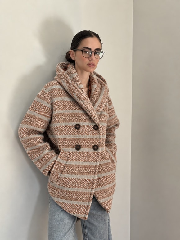 Retrobird Urban Retro Kapüşonlu Oversize Krem - Somon Ceket Kaban