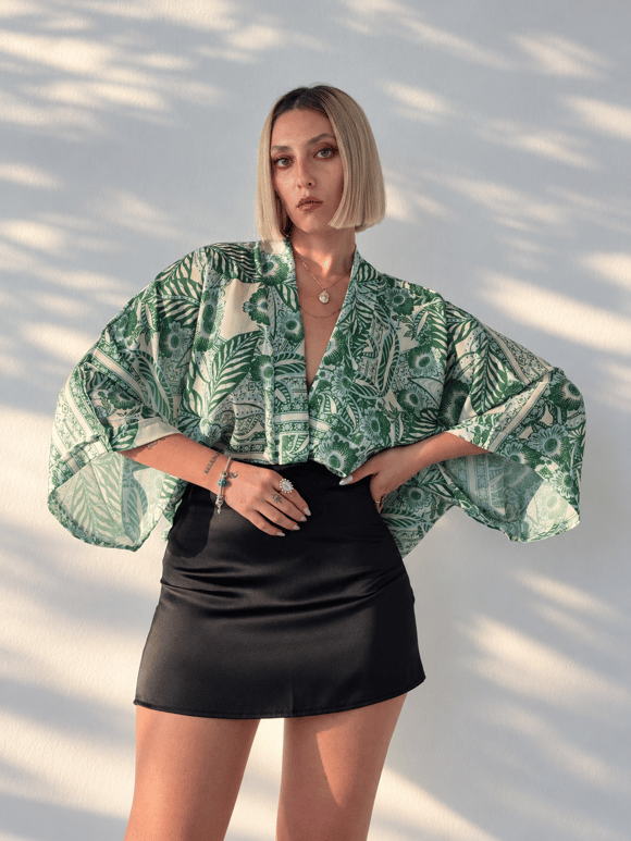 Retrobird Tasarım Su Yeşili Boho Mini Kimono