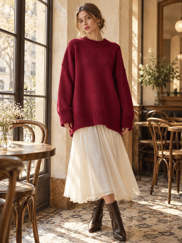 Retrobird Bess Oversize Bisiklet Yaka Bordo Basic Triko Kazak