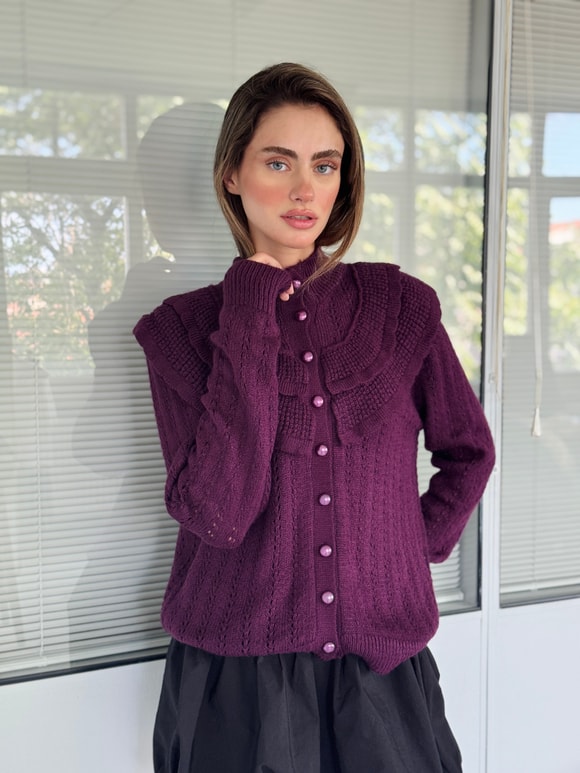 Retrobird Maisie Fırfır Detaylı İnci Düğmeli Mürdüm Rengi Triko Hırka