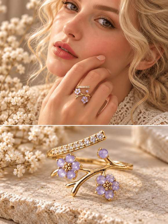 Retrobird Adjustable Purple Flower Branch Vintage Ring