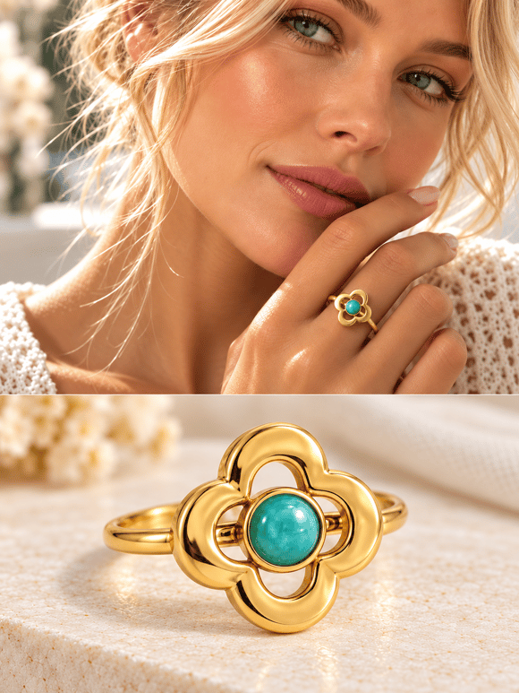 Retrobird Turquoise Stone Detailed Flower Design Adjustable Vintage Ring