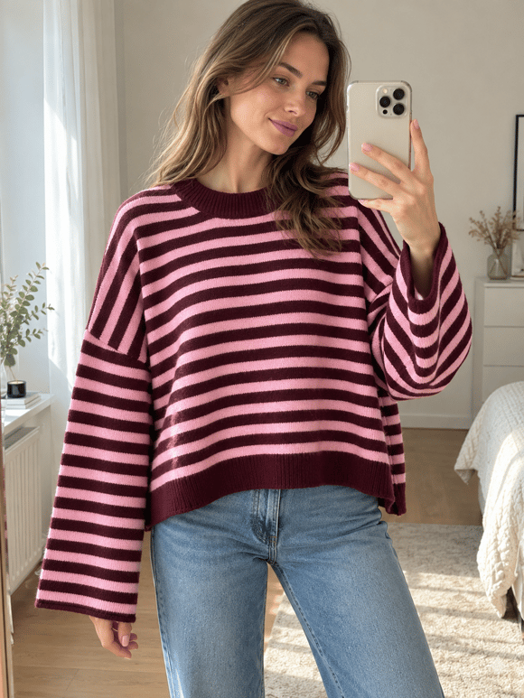 Retrobird Livia Oversize Çizgili Pembe - Bordo Triko Kazak