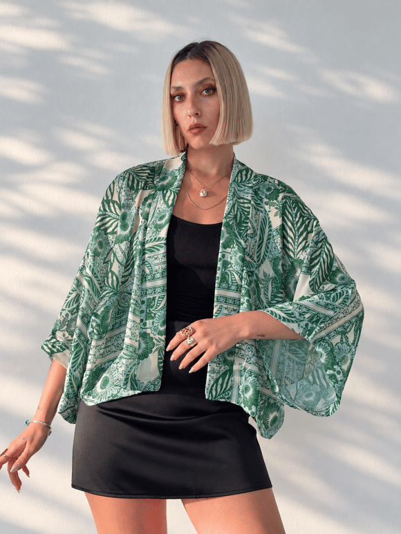 Retrobird Tasarım Su Yeşili Boho Mini Kimono