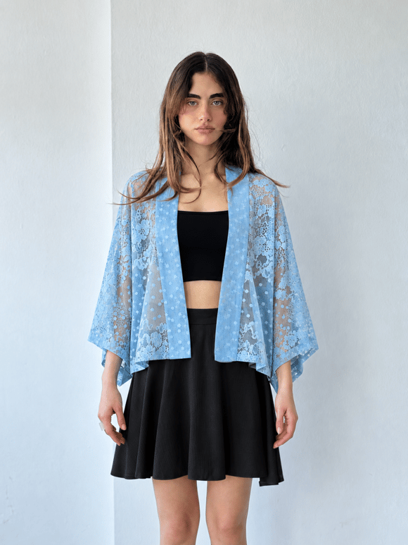 Retrobird Tasarım Transparan Dantel Marin Mavi Boho Mini Kimono
