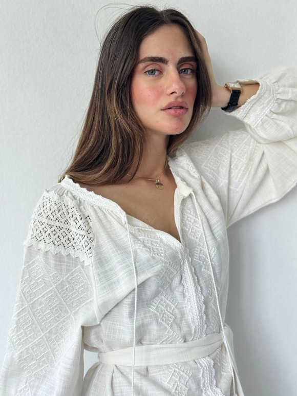 Retrobird Celine Nakışlı Kuşaklı Uzun Beyaz Elbise