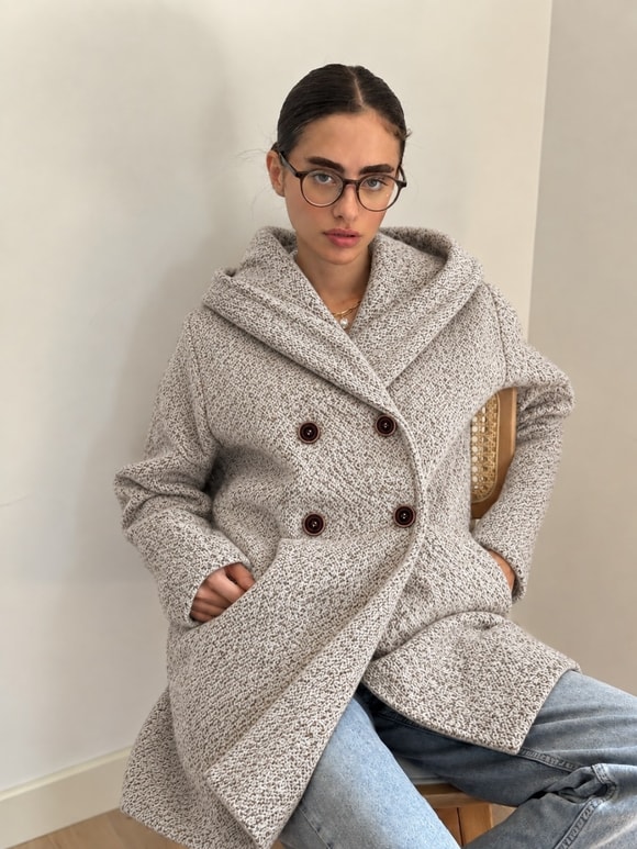 Retrobird Urban Retro Kapüşonlu Oversize Kırçıllı Krem Ceket Kaban