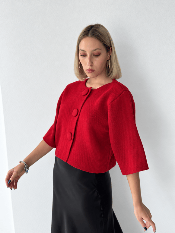 Retrobird Nellie Büyük Düğmeli Kırmızı Crop Triko Hırka