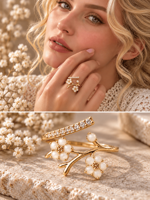 Retrobird Adjustable Cream Flower Branch Vintage Ring