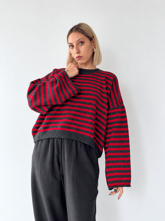 Retrobird Livia Oversize Siyah Çizgili Kırmızı Triko Kazak