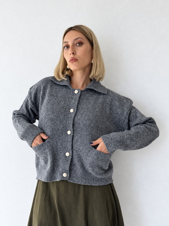 Retrobird Darcy Polo Yaka Cepli Gri Triko Hırka