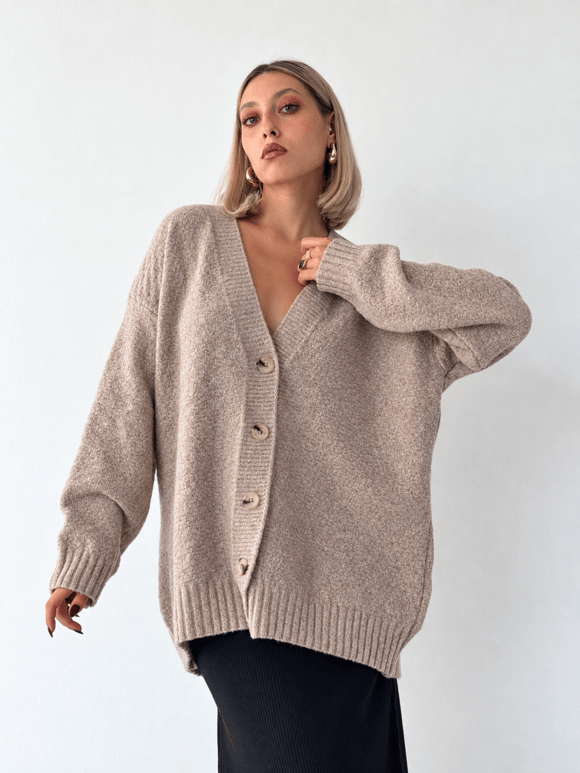 Retrobird Doris Oversize V Yaka Düğmeli Bej Triko Hırka