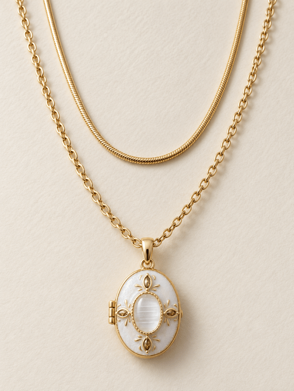 Retrobird Marlowe Ekru Oval Madalyonlu İkili Vintage Kolye Seti