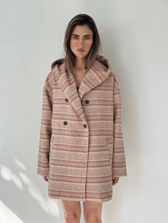 Retrobird Urban Retro Kapüşonlu Oversize Krem - Somon Ceket Kaban
