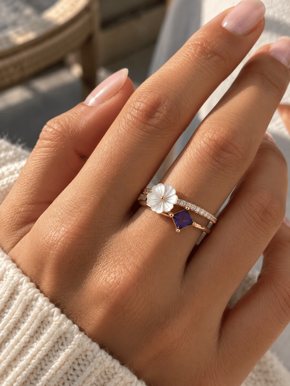 Retrobird Adjustable Vintage Ring with White Flower and Purple Stone Details