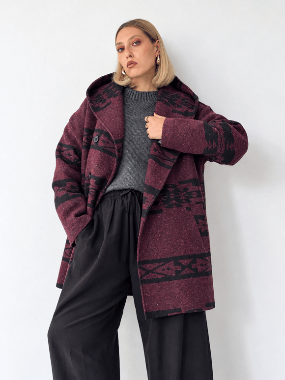 Retrobird Urban Retro Kapüşonlu Oversize Bordo - Siyah Ceket Kaban
